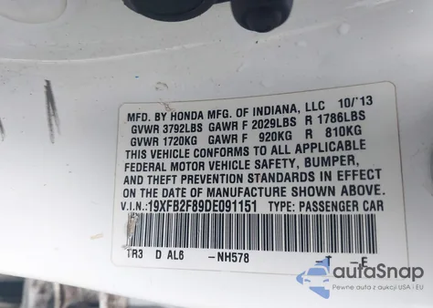 2013 Honda Civic Ex из США, поврежденный, VIN 19XFB2F89DE091151